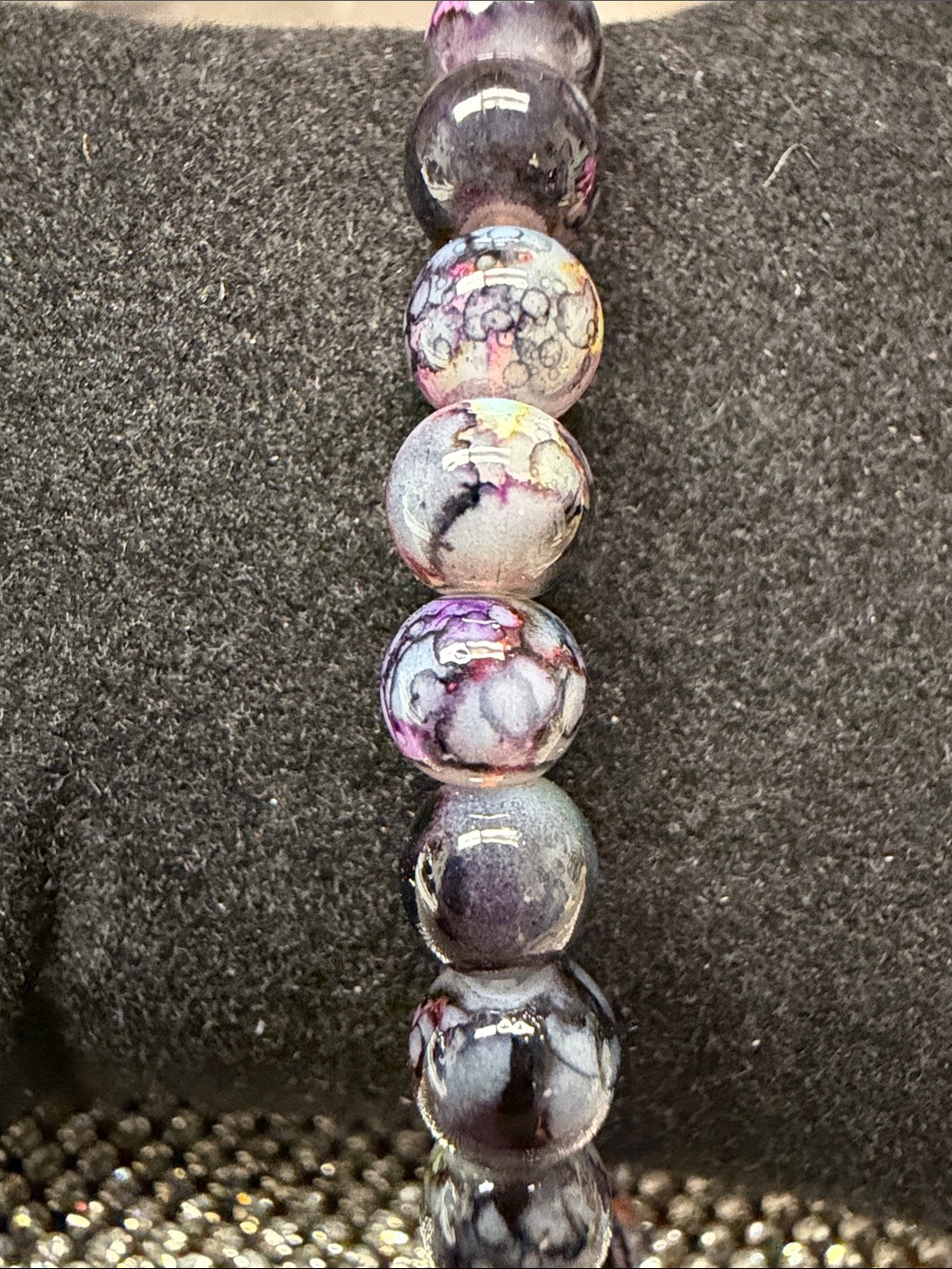 Beaded glass Stretch Bracelet - Purple and Black Polished Stones.  🆕